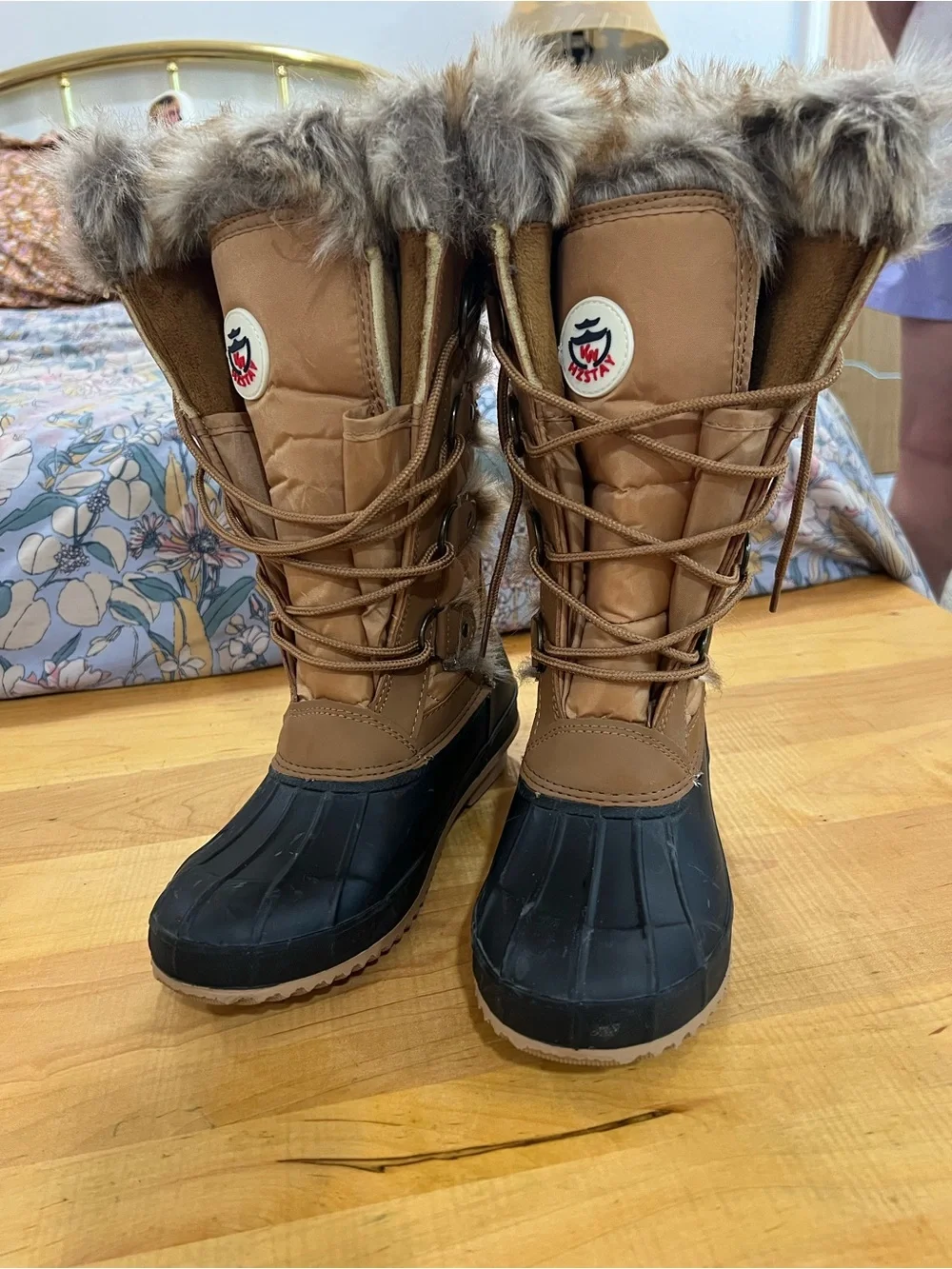 Kids Brown and Black Winter Snow Boots with Faux Fur Trim